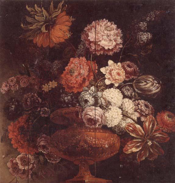 unknow artist Still life of chrysanthemums,lilies,tulips,roses and other flowers in an ormolu vase